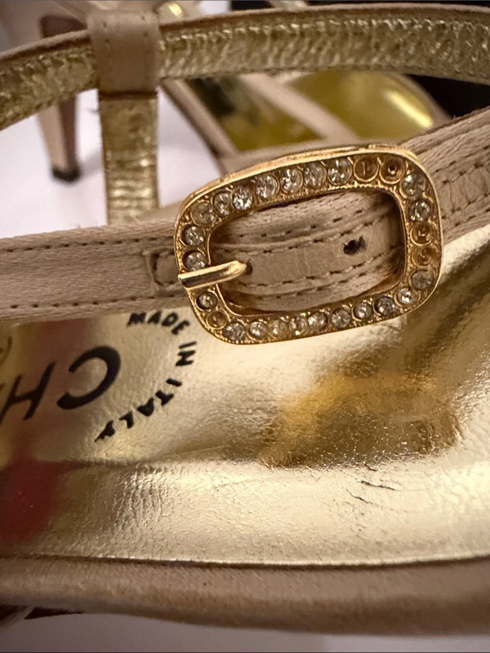 CHANEL satin Beige and Gold Pointed Slingback Heels size 38 Vintage excellent